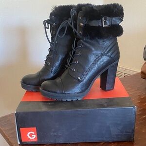 G by Guess Black Heeled Boots with Fur Trim